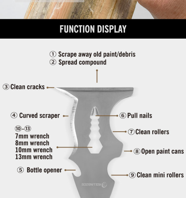 Шпатель-скребок многофункциональный ROLLINGDOG 14 в 1, нержавеющая сталь № 420, наконечник-молоток — изображение 14