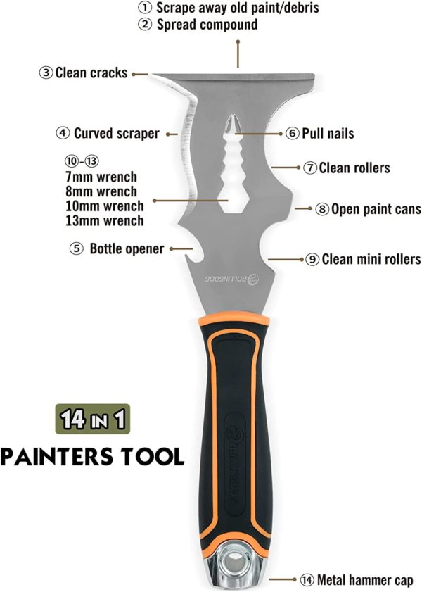 Шпатель-скребок многофункциональный ROLLINGDOG 14 в 1, нержавеющая сталь № 420, наконечник-молоток — изображение 5